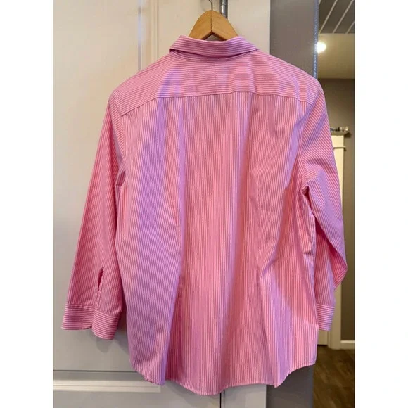 Wm LRL Lauren Ralph Lauren Pink and White Striped L No Iron Button Down Shirt - Picture 7 of 10